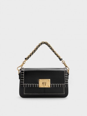 Geanta De Mana Charles & Keith Circe Stitch-Trim Top Negrii | 361PYBIKQ