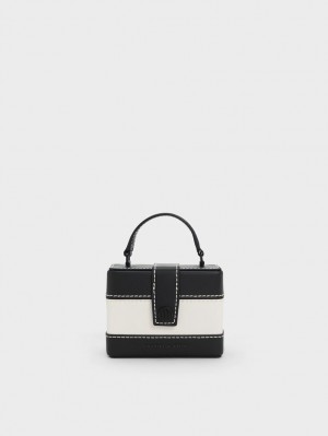 Geanta De Mana Charles & Keith Mini Bronte Contrast Trim Top Negrii Albi | 126KNXRZB
