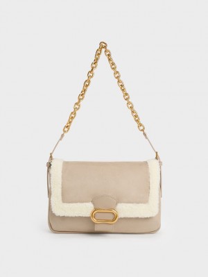 Geanta De Umar Charles & Keith Daki Fur-Trim Belted Trapeze Bej | 742LKUYGO