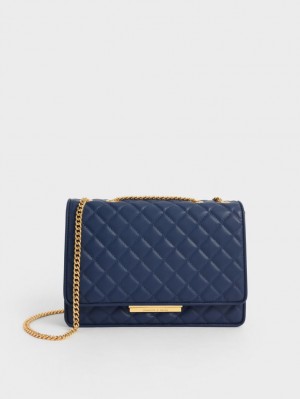 Geanta De Umar Charles & Keith Double Chain Handle Matlasat Bleumarin | 760UNFEGZ