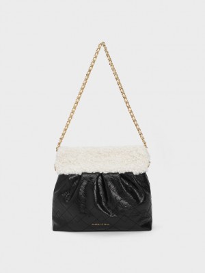 Geanta De Umar Charles & Keith Duo Furry Chain Handle Negrii | 974RIXOHW