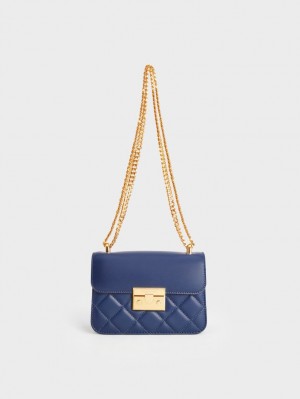 Geanta De Umar Charles & Keith Metallic Push-Lock Chain Bleumarin | 409YTIZCV