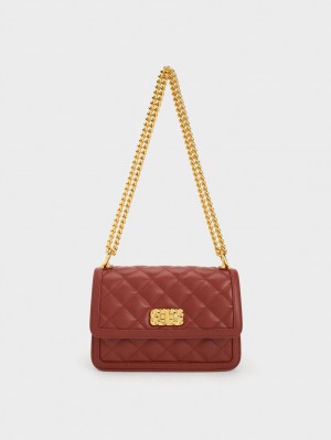 Geanta De Umar Charles & Keith Micaela Matlasat Chain Rosii Inchis | 597NQBCOL