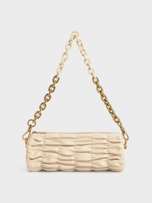 Geanta De Umar Charles & Keith Tallulah Ruched Chain-Handle Bej | 537QPMIKC