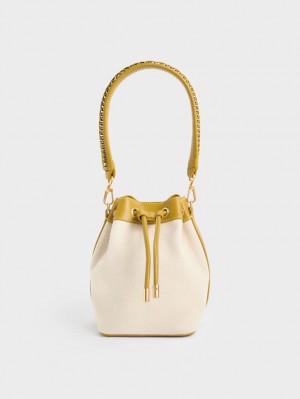 Geanta Galeata Charles & Keith Braided-Handle Drawstring Muștar | 894KOMALC