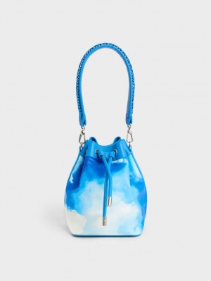 Geanta Galeata Charles & Keith Cloud-Print Braided-Handle Drawstring Albastri | 354PZAQKY