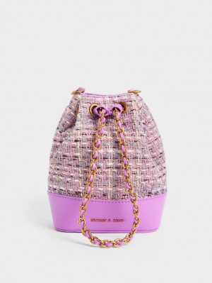 Geanta Galeata Charles & Keith Dancer Tweed Drawstring Violet | 928XMVRQH