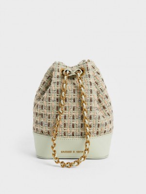 Geanta Galeata Charles & Keith Dancer Tweed Drawstring Verde Menta | 019CEDJUQ