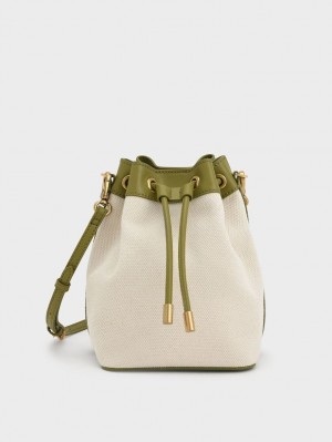 Geanta Galeata Charles & Keith Woven Handle Panza Masline Verzi Albi | 953AVDNIT