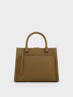 Geanta Tote Charles & Keith Anwen Structured Kaki | 053CLTKBU