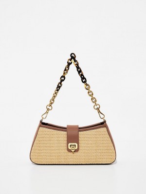 Geanta Tote Charles & Keith Arwen Raffia Grosolan Chain Bej | 364KZNBFG