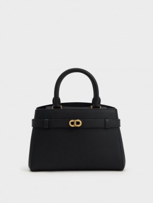 Geanta Tote Charles & Keith Aubrielle Metallic Accent Belted Negrii | 450VCQEPK