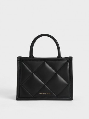 Geanta Tote Charles & Keith Celia Matlasat Negrii | 564IKFHMR