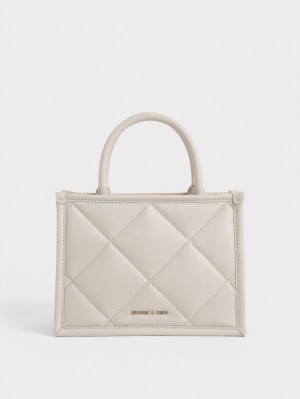 Geanta Tote Charles & Keith Celia Matlasat Albi | 207SPUQTY