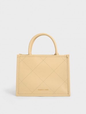 Geanta Tote Charles & Keith Celia Matlasat Double Handle Bej | 097RFXJYL