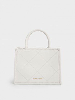 Geanta Tote Charles & Keith Celia Matlasat Double Handle Albi | 643CSONRK