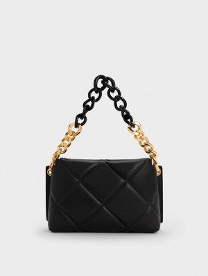 Geanta Tote Charles & Keith Danika Grosolan Chain Căptușită Negrii | 189LOWHBD