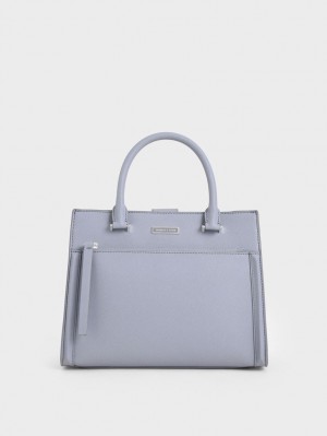 Geanta Tote Charles & Keith Double Handle Front Zip Albastri Deschis | 613PNGQZA