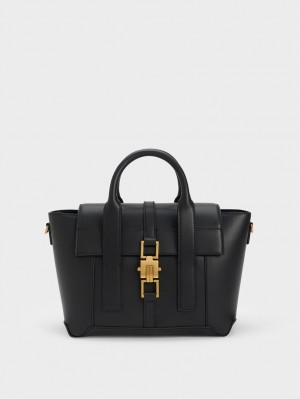 Geanta Tote Charles & Keith Dua Buckled Trapeze Negrii | 078TLQYSW
