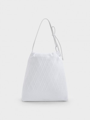 Geanta Tote Charles & Keith Genoa Bow-Tie Tricotate Albi | 397TMRZOH