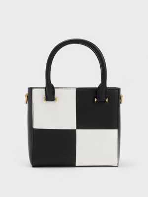 Geanta Tote Charles & Keith Georgette Checkered Square Negrii Albi | 046KGILBV