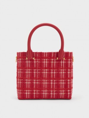 Geanta Tote Charles & Keith Georgette Tweed Square Rosii | 742AJFQPD