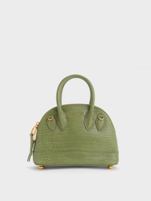 Geanta Tote Charles & Keith Harmonee Croc-Embossed Bowling Masline Verzi | 057ALTGDS