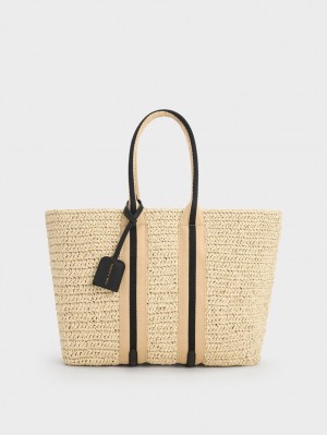 Geanta Tote Charles & Keith In Dungi Handles Raffia Bej | 408IQSJOG