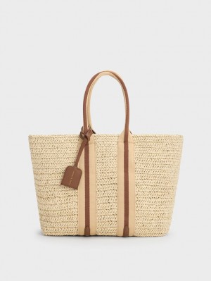 Geanta Tote Charles & Keith In Dungi Handles Raffia Bej | 945KDXBYU
