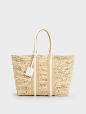 Geanta Tote Charles & Keith In Dungi Handles Raffia Bej | 631ZSGNER