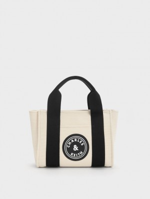 Geanta Tote Charles & Keith Kay Panza Contrast-Trim Bej | 410DUIBME