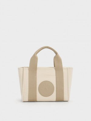 Geanta Tote Charles & Keith Kay Panza Contrast-Trim Bej | 378BTOXGY