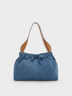 Geanta Tote Charles & Keith Large Ally Denim Ruched Slouchy Albastri | 856JMRQWL