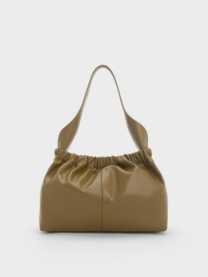 Geanta Tote Charles & Keith Large Ally Ruched Slouchy Kaki | 251YUNAHL