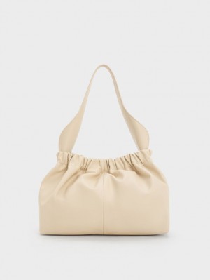 Geanta Tote Charles & Keith Large Ally Ruched Slouchy Bej | 956ICEVMW