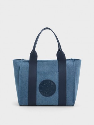Geanta Tote Charles & Keith Large Kay Denim Contrast-Trim Albastri | 625GMNXYQ