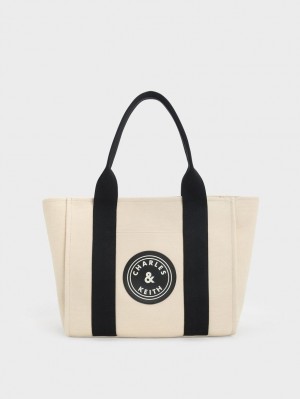 Geanta Tote Charles & Keith Large Kay Panza Contrast-Trim Bej | 762DWGXCF