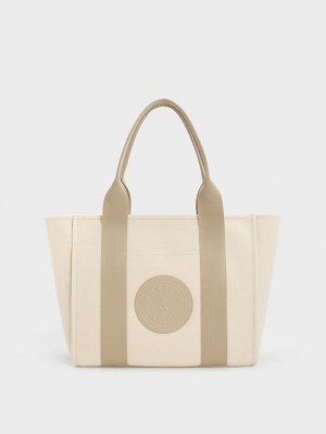 Geanta Tote Charles & Keith Large Kay Panza Contrast-Trim Bej | 895KICEXB