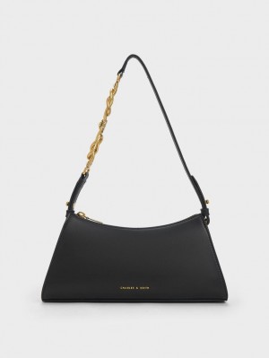 Geanta Tote Charles & Keith Metallic-Accent Curea Trapeze Negrii | 105PXNTQW