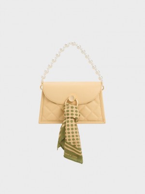 Geanta Tote Charles & Keith Mini Roza Beaded Handle Scarf Bej | 618CWETNX