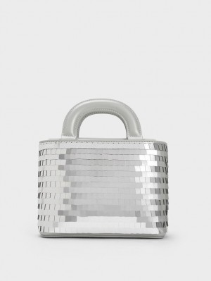 Geanta Tote Charles & Keith Sequinned Double Handle Argintii | 091HQSMRL