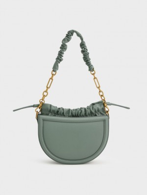Geanta Tote Charles & Keith Solange Ruched Chain Handle Crescent Masline Verzi | 473ESIKAQ