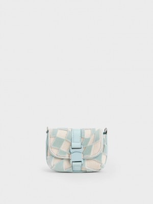 Genti Mini Charles & Keith Zetta Belt Cu Catarama Checkered Albastri Deschis | 710YKNVJS