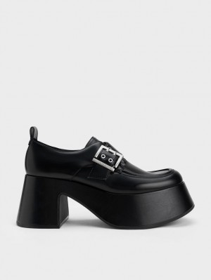 Mocasini Charles & Keith Rubina Buckled Grosolan Negrii | 624QMAHXC