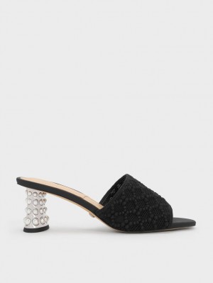 Mules Charles & Keith Beaded Heel Crochet Negrii | 786GJAPKM