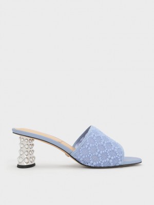 Mules Charles & Keith Beaded Heel Crochet Albastri | 580FQNBJG