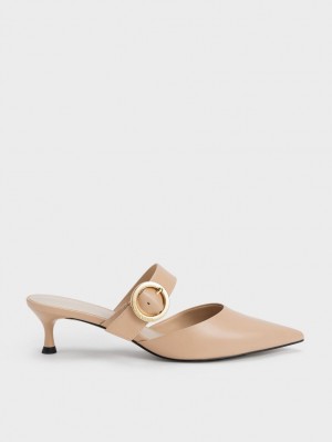 Mules Charles & Keith Buckled Curea Spool Heel Bej | 320OZFYGC