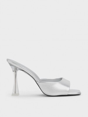Mules Charles & Keith Clear Flared Heel Metallic Argintii | 270XBMZES