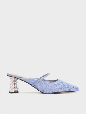Mules Charles & Keith Crochet & Piele Beaded Heel Albastri | 728IYVJRU
