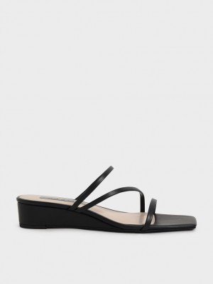 Mules Charles & Keith Cu Bretele Wedge Negrii | 256NIOHYT